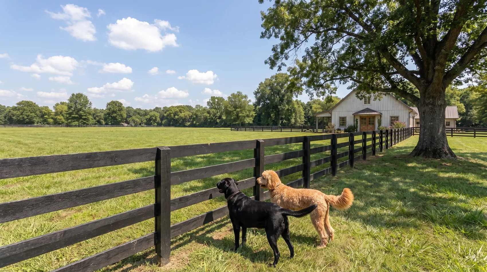 Two dogs walking along the black four-rail fence line, the white barn and a large oak beyond