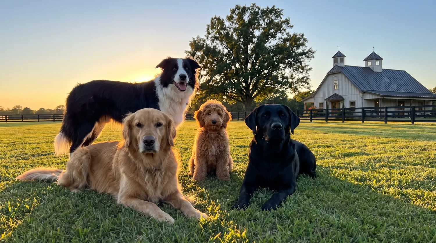 Four dogs gathered beneath the oak with the barn behind them