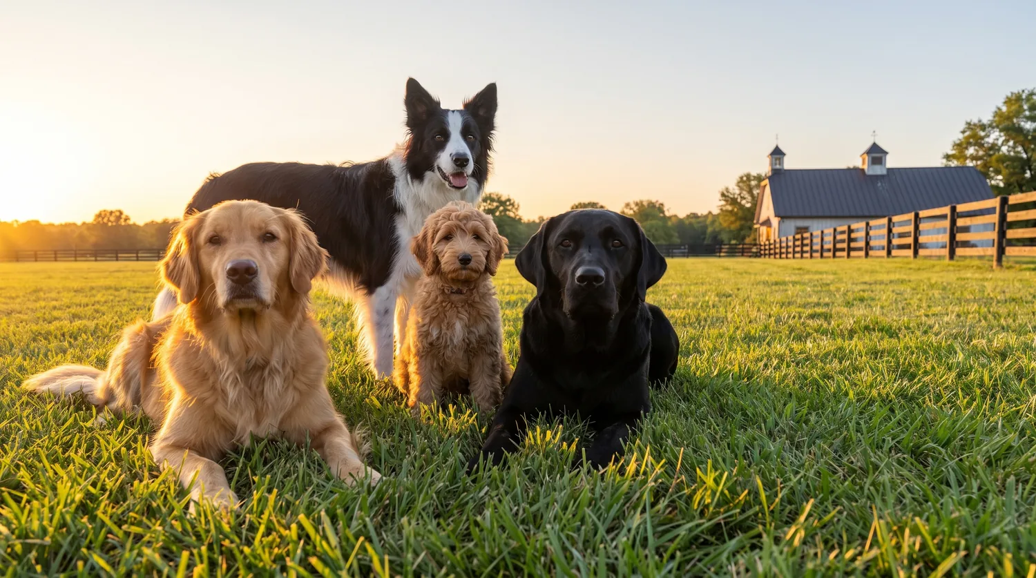 Four dogs sitting together in the pasture at sunset