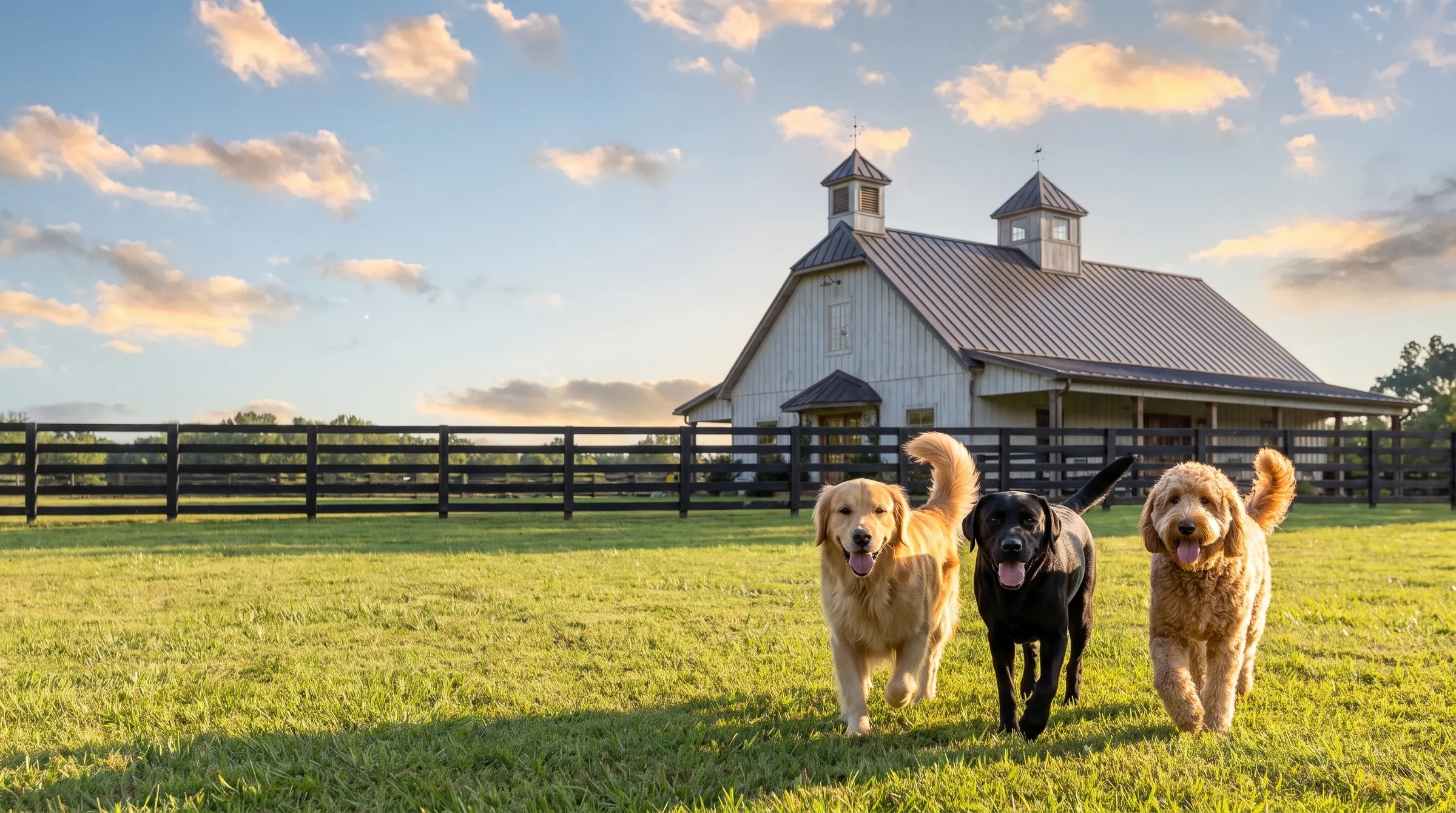Three dogs walking together toward the camera across a sunlit pasture at golden hour, the white barn behind them