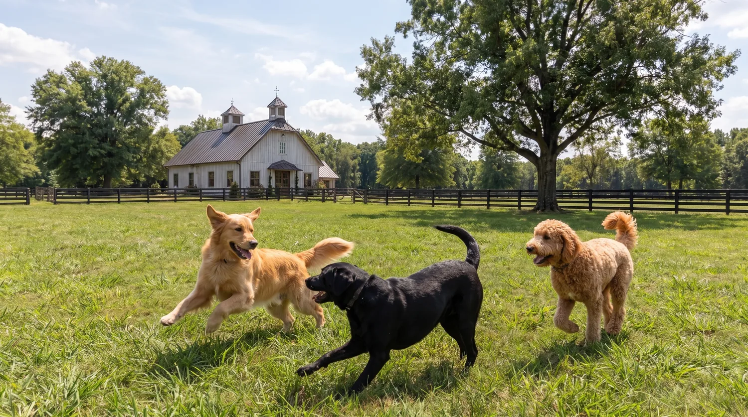 A black labrador and a golden retriever chasing each other across the grass