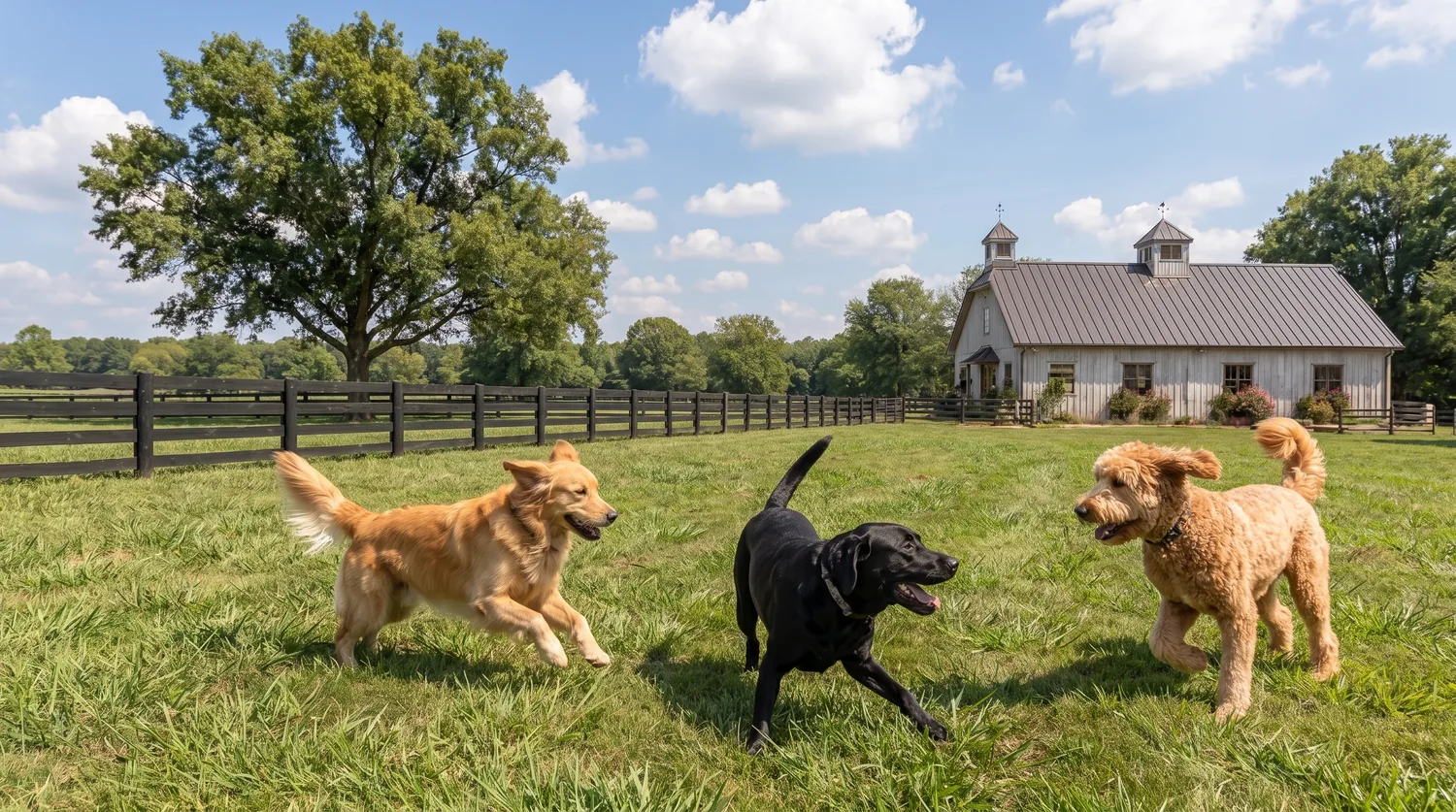 Three dogs at play in the fenced pasture on a bright afternoon