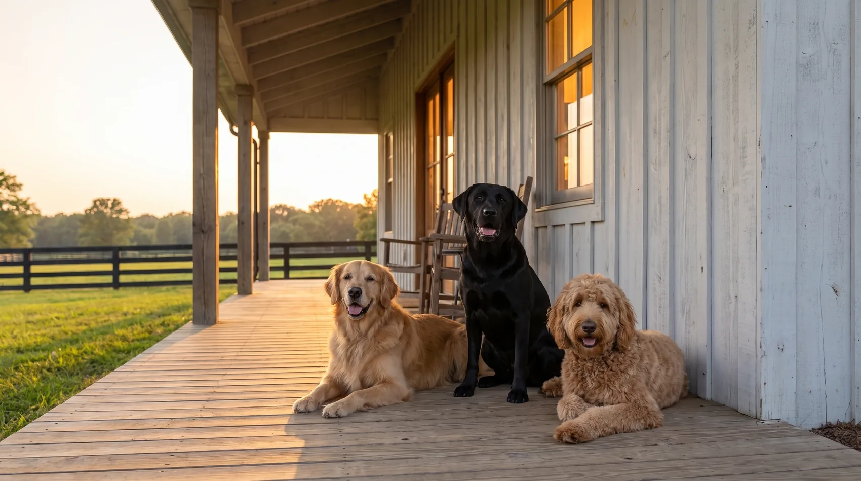 A golden retriever, a black labrador and an apricot goldendoodle resting together on the barn's covered porch in warm evening light