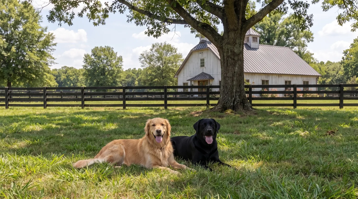 A golden retriever and a black labrador lying together under the oak