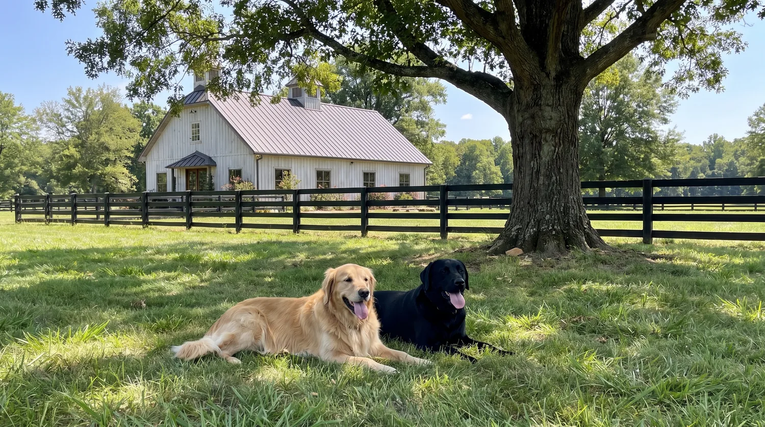 A golden retriever and a black labrador resting in dappled shade