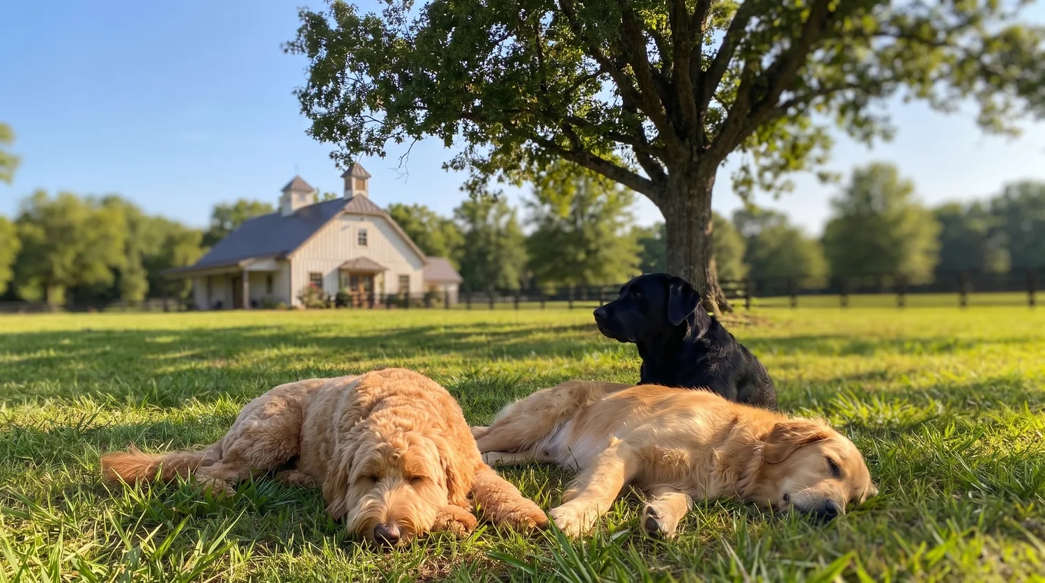 Three dogs resting on the grass in front of the barn