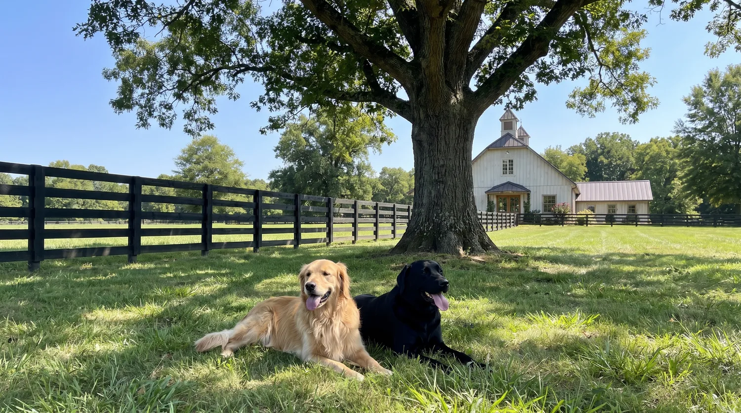 Two dogs lying in the shade beneath the large oak tree
