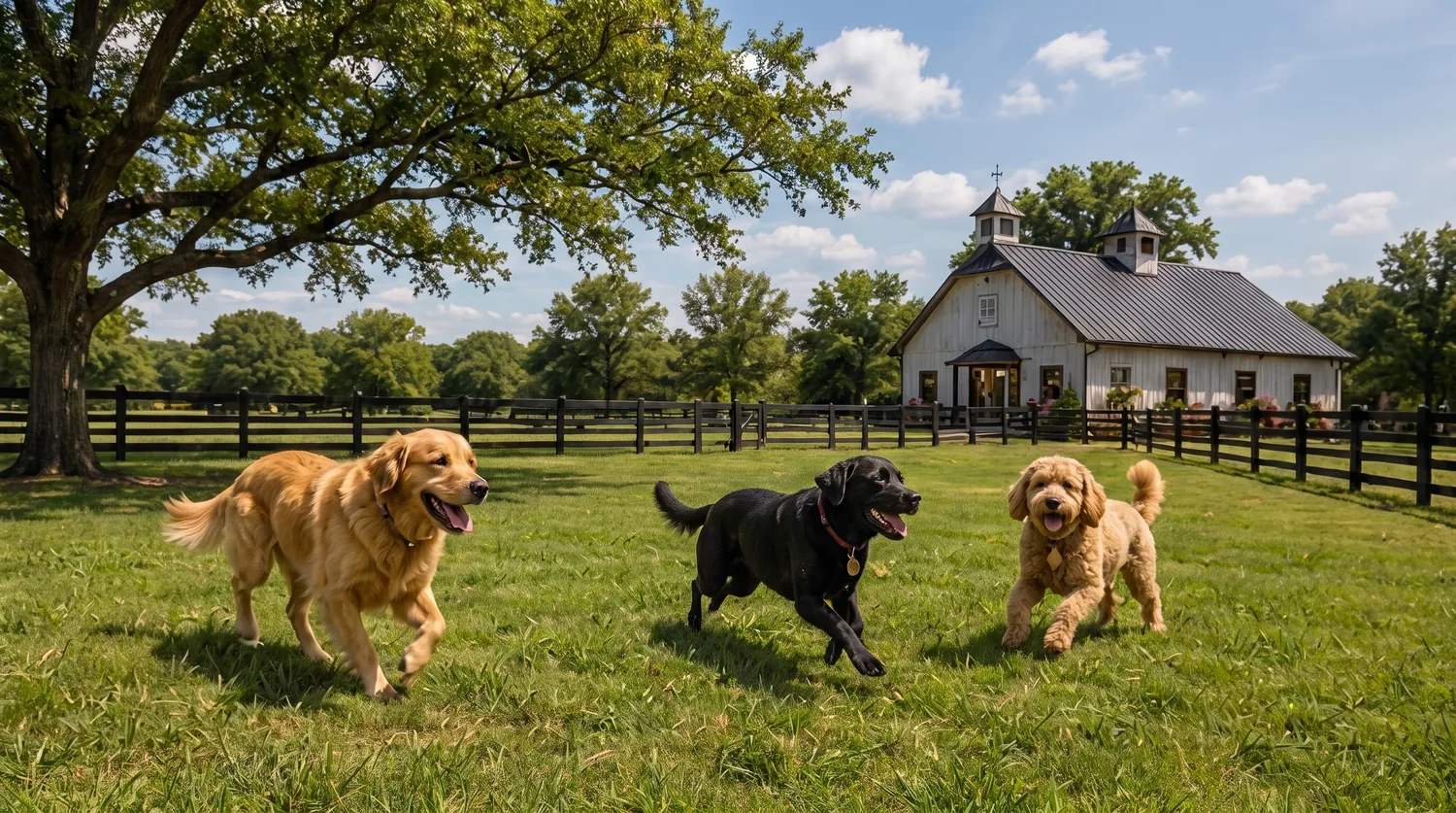 Three dogs running across the open pasture toward the barn