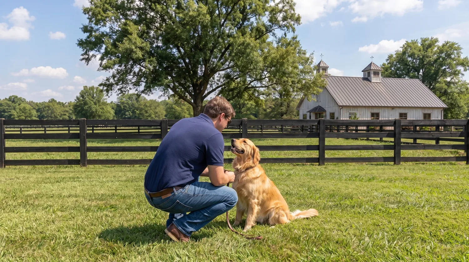 A handler crouched on the grass working with a golden retriever